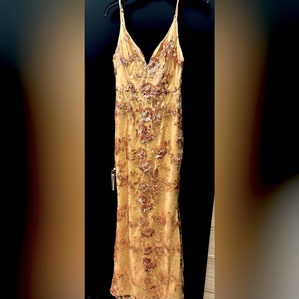 Brand new Lulus evening gown. Gold beaded medium gown.